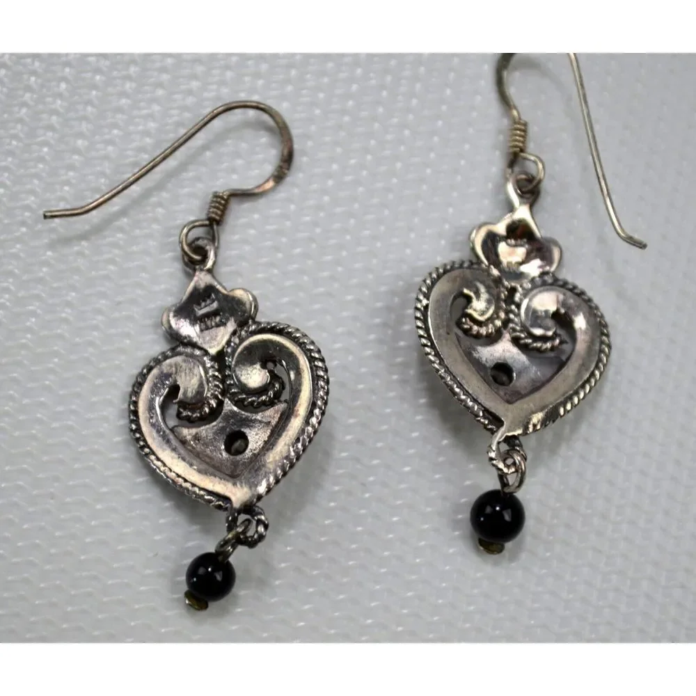 Vtg MC 925‎ Sterling Pierced Dangle Earrings Silver w/ Rhinestone & Black Bead - Picture 4 of 5